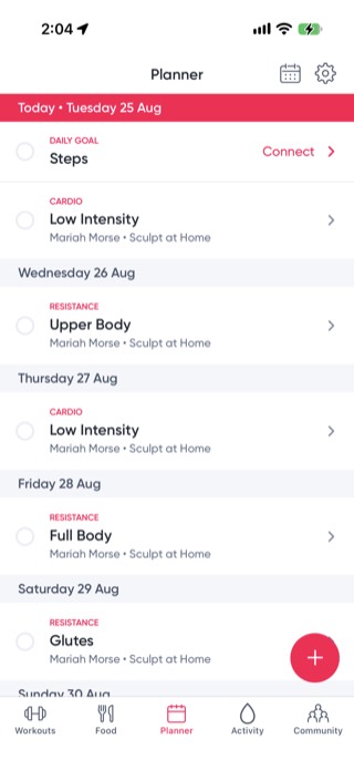 Sweat Planner screen showing a week of scheduled cardio and resistance sessions