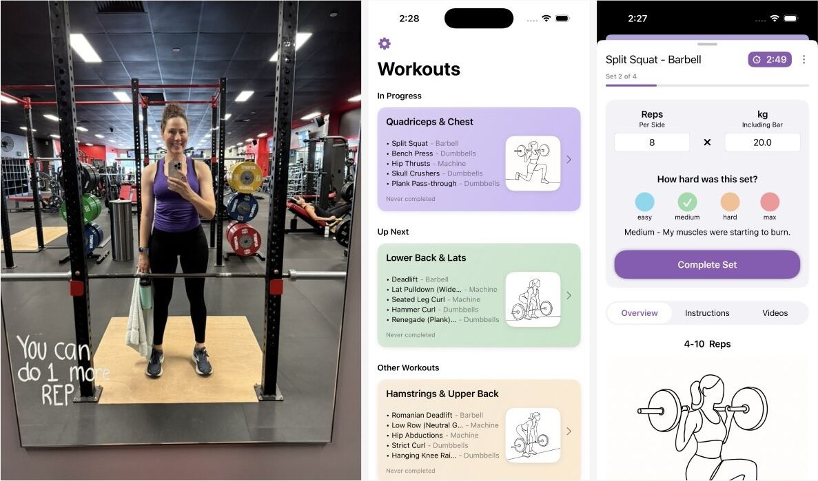 A gym mirror selfie next to two StrongEra app screenshots.