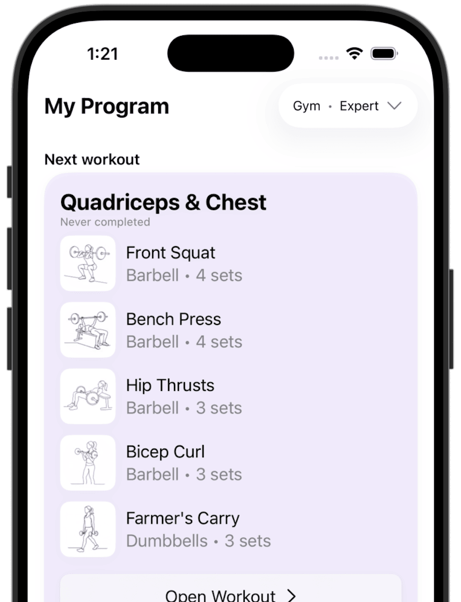 Fortify strength training app on iPhone showing a progressive workout plan for women in midlife