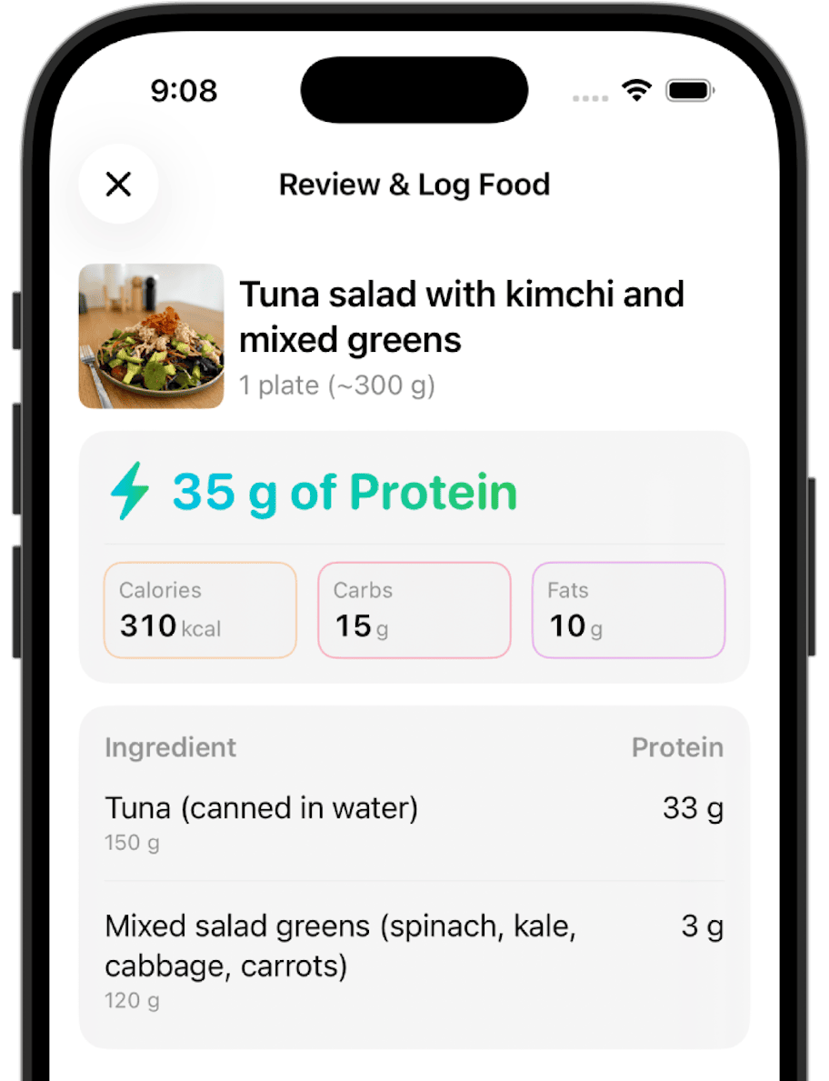 Proto protein tracker app on iPhone showing daily protein and fiber logging