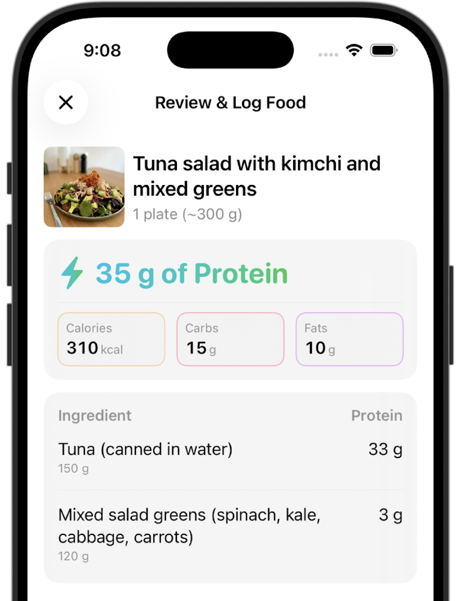 Proto protein tracker app on iPhone showing daily protein and fiber tracking